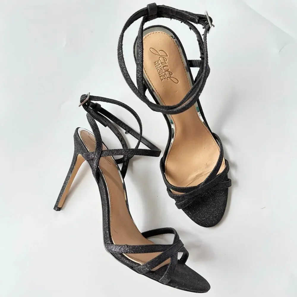 Badgley Mischka Open Toe Black Metallic Stiletto Party Strappy 4.5” Heel Size 10